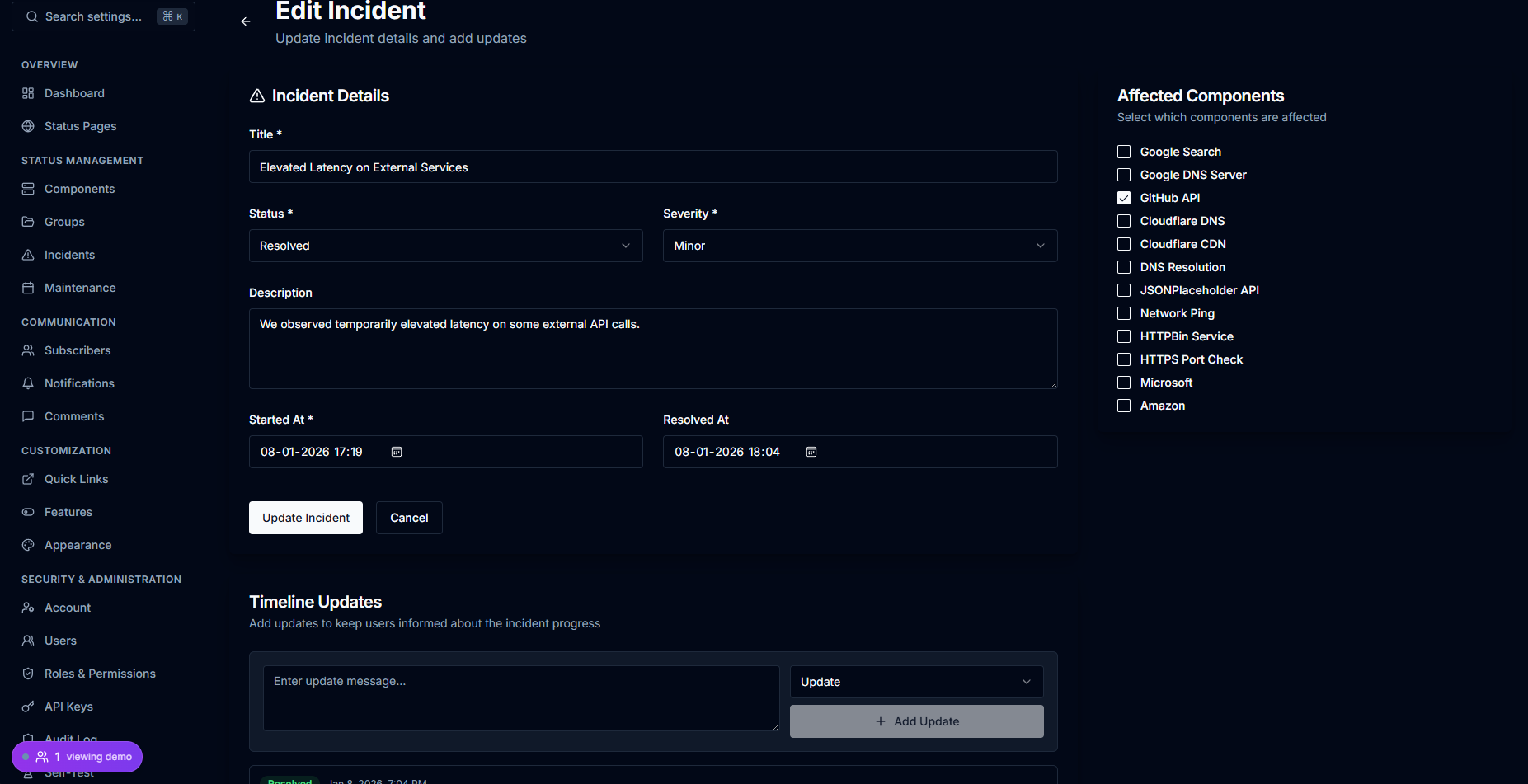 Incident management dashboard
